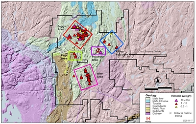 Figure 3. Pic Property Geological Map Showing Selected Historical Gold Results and Prospective Areas