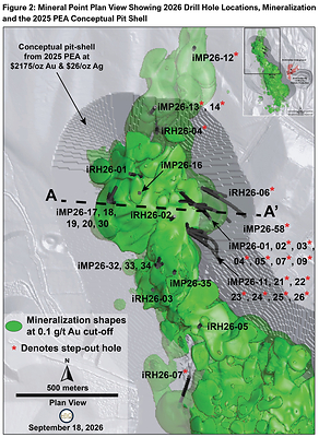 Figure 2. Mineral Point Plan View Showing 2026 Drill Hole Locations, Mineralization and the 2025 PEA Conceptual Pit Shell