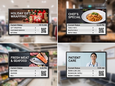 GOxCALL interface displayed on a digital signage screen in various settings including retail, dining, and healthcare.