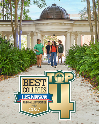 Students walking though the front campus pergola at GCSU, with the US News Top 4 graphic.