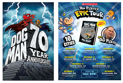 Scholastic celebrates a decade* (*70 in dog years!) of Dav Pilkey’s Dog Man, one of the bestselling graphic novel series of all time with events around the world including Dav Pilkey’s 10-city Epic Tour.