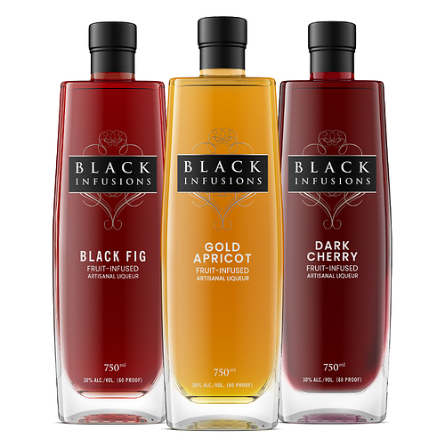 Bottles of Black Infusions Liqueurs: Black Fig, Gold Apricot, and Dark Cherry