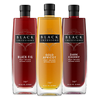 Bottles of Black Infusions Liqueurs: Black Fig, Gold Apricot, and Dark Cherry