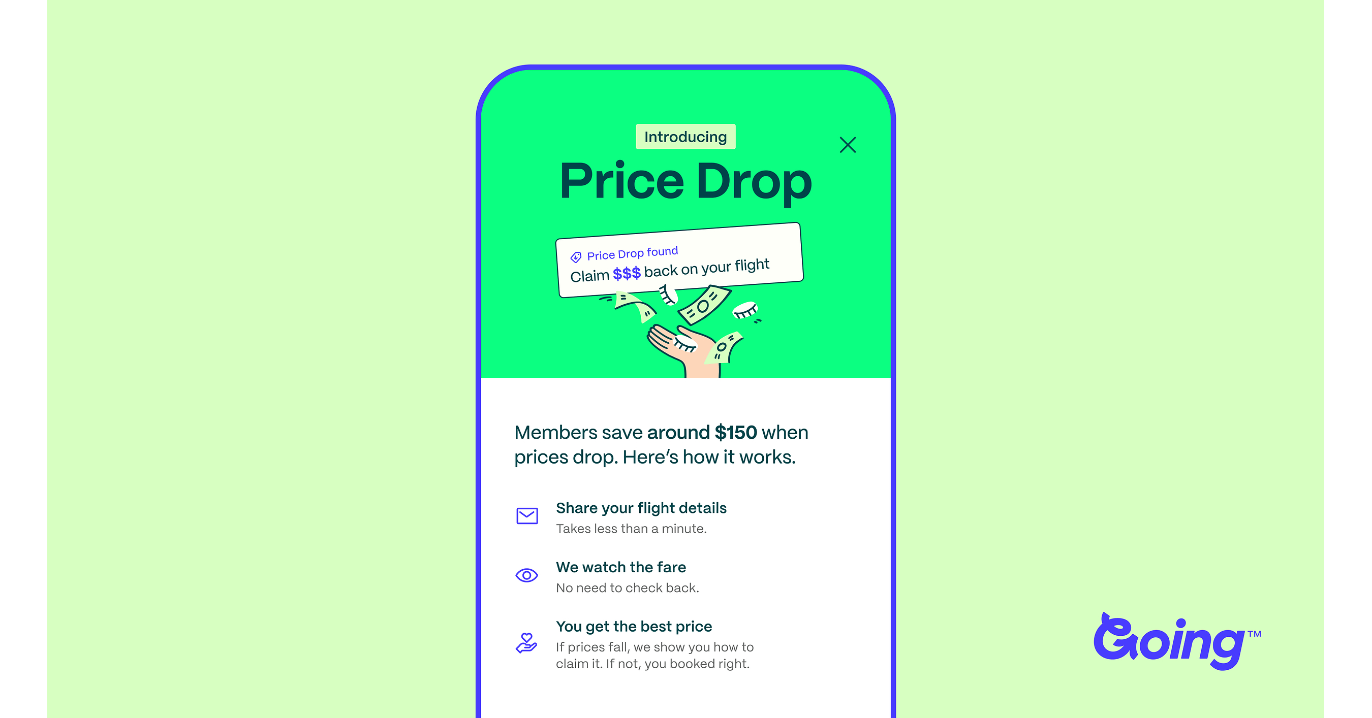 Going introduces Price Drop tracking for members, saving $150 when a lower fare is found