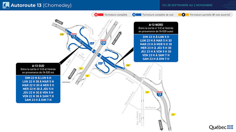 Autoroute 13 dans le secteur de l’autoroute 520 à Montréal : fermetures de nuit du 28 septembre au 2 novembre 2026