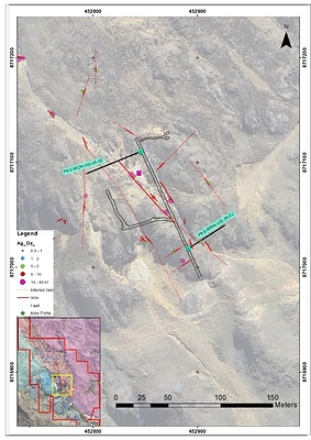 Figure 1 – Plan map: Madre Sierra Norte drill hole locations, seven drill holes on surface (left map) and two drill holes from underground (right map)