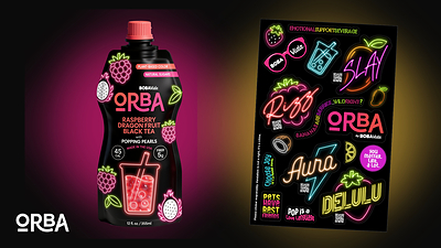 Every ORBA™ 4-pack ships with a sheet of neon stickers. Shown: the Raspberry Dragon Fruit Black Tea pouch and the sticker sheet packed in every carton.