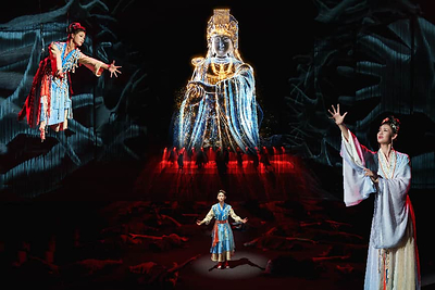 Photo shows a scene from the large cultural performance "Impression Mazu", which combines AR glasses with live performances to create an immersive audiovisual experience for audiences.