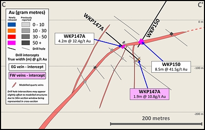 Figure 3: Cross section 3 (looking NE) with drill results from the EG and EG FW Veins and EG Vein zone interpretation