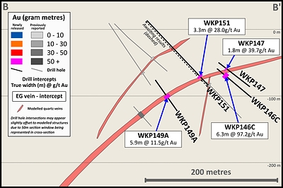 Figure 4: Cross section 2 (looking NE) with drill results from the EG Vein and EG Vein interpretation 