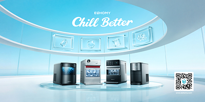 Euhomyâ€™s ice maker lineup, showcasing the brandâ€™s range of ice shapes and countertop designs.