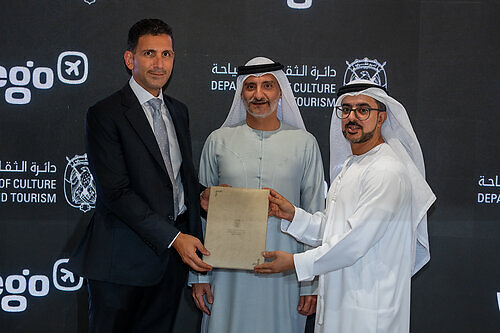 From left to right: Mamoun Hmidan, Chief Business Officer at Wego and Saleh Mohammed AlGeziry Director General, Tourism Sector; and Abdulla Yousuf Mohamed, Director, International Operations Department This image opens in the lightbox