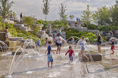 Junior League of Wichita Water Play Cascades, one of the 10 themed environments in the Adventure Playscape. Design by Hoerr Schaudt, with play equipment by Richter Spielgeräte. Photo by Caitlin Atkinson, courtesy of Hoerr Schaudt.