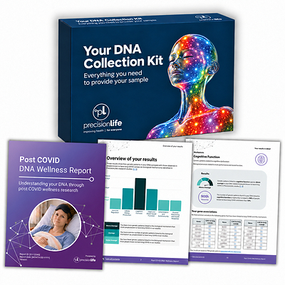 Post COVID DNA Wellness Report and sample collection kit compares an individual's DNA with genetic findings from people known to have long COVID in PrecisionLife's genetic research studies.