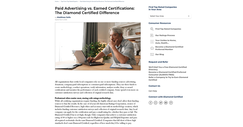 Diamond Certified Resource Publishes New Article About Paid Advertising Versus Earned Certifications