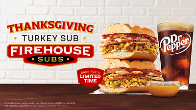 Firehouse Subs® brings back its fan-favorite Thanksgiving Turkey Sub, featuring tender carved turkey breast, warm stuffing, sweet-tart cranberry sauce and mayo on a freshly toasted sub roll, shown here with an optional side of turkey gravy and a Dr Pepper®, available for a limited time at participating restaurants nationwide. For more information, visit Firehousesubs.com.