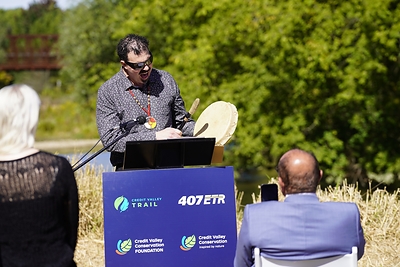 Raiden Levesque, Specialist Indigenous Engagement, opening the celebration at Credit Valley Conservation head office.