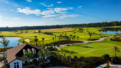 Aerial view of the golf course at Esplanade at St. Marys, featuring tee locations for all skill levels. 