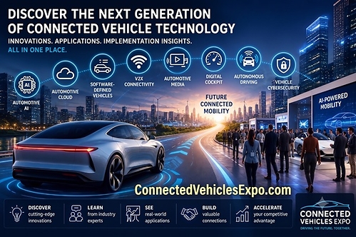 Connected Vehicles Expo 2026 is a global virtual trade show featuring connected vehicle technologies, software, AI, services, cybersecurity, infrastructure, and automotive media.