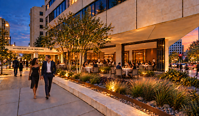 Rendering of the planned ground-floor restaurant, outdoor patio, and restored frontage at Sixth and Boulder, by Chris Lilly of Lilly Architects, the architect leading the project.