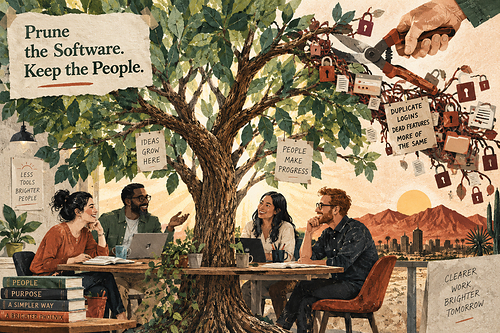 Conceptual illustration: pruning unnecessary software, not people. Wise Roots' approach puts simpler workflows and business outcomes ahead of adding more technology.