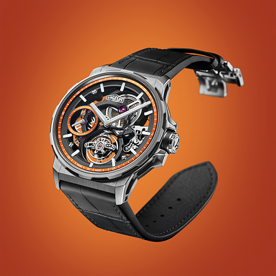 The Angelus Flying Tourbillon Skeleton Titanium -- Orange Edition.
An openworked movement reveals the flying tourbillon in motion, with a 60-hour power reserve housed in lightweight titanium.