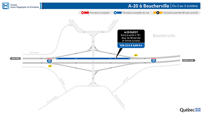 Fermeture sur l’autoroute 20 en direction ouest durant la nuit du 2 au 3 octobre Fermeture sur l’autoroute 20 en direction ouest durant la nuit du 2 au 3 octobre