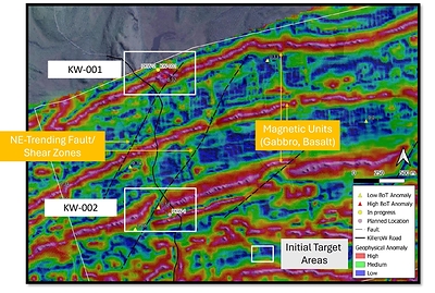 Figure 3. Locations of the initial drill holes at Killerö W (KW-001 and KW-002), overlain on the Company’s high-resolution drone magnetic data.