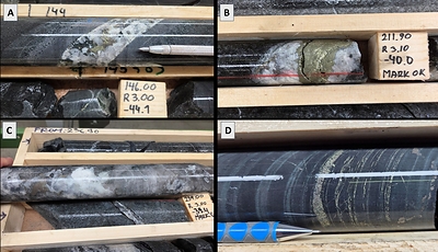 Figure 4. Diamond drill core from Killerö W drilling. A) chalcopyrite-pyrrhotite-bearing quartz-carbonate vein (KW-001, 144.0m); B) Chalcopyrite-rich quartz-carbonate vein (KW-002, 211.8m) (211.4-212.4m 1m @ 0.98% Cu); C) Pyrrhotite-bearing quartz-carbonate vein (KW-002, 238.0m); D) Foliation parallel sulfides (KW-002, 363m).