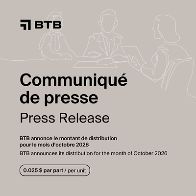 BTB annonce le montant de distribution pour le mois d'octobre 2026