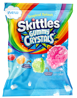 SKITTLES® Gummy Crystals bring a satisfying crunch to every bite, combining sweet, squishy gummies with tangy, crunchy crystals in Original and Tropical Splash varieties.