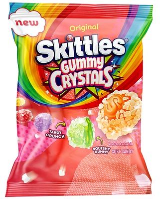 SKITTLES® Gummy Crystals bring a satisfying crunch to every bite, combining sweet, squishy gummies with tangy, crunchy crystals in Original and Tropical Splash varieties.