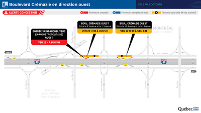 Fermeture de l’entrée menant du boulevard Saint-Michel vers l’autoroute 40 (Métropolitaine) en direction ouest - Du 2 au 5 octobre 2026 Fermeture de l’entrée menant du boulevard Saint-Michel vers l’autoroute 40 (Métropolitaine) en direction ouest - Du 2 au 5 octobre 2026