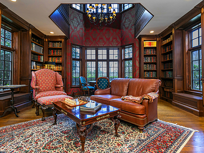 The elegant study spans two (2) living levels and features custom mahogany millwork, two (2) gas fireplaces – one (1) on each level – and large windows. The uppermost level includes a billiards lounge. NewJerseyLuxuryAuction.com. The elegant study spans two (2) living levels and features custom mahogany millwork, two (2) gas fireplaces – one (1) on each level – and large windows. The uppermost level includes a billiards lounge. NewJerseyLuxuryAuction.com.