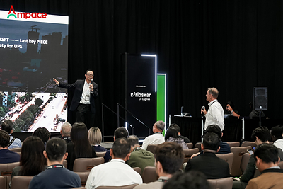 Dr. Drew Feng presents Ampace’s PU100 large-scale fire test results at Data Centre World Asia 2026.