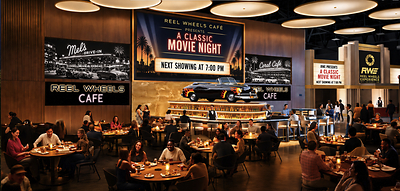 Reel Wheels Café concept rendering featuring the real “Hell’s Chariot” from Paramount Pictures’ Grease (1978), showing how iconic film vehicles can anchor immersive dining, entertainment and social experiences. Reel Wheels Café concept rendering featuring the real “Hell’s Chariot” from Paramount Pictures’ Grease (1978), showing how iconic film vehicles can anchor immersive dining, entertainment and social experiences.