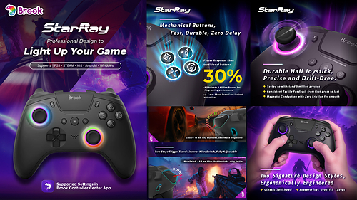 The Brook StarRay Wireless Controller is showcased with its Hall Effect sticks and mechanical buttons designed for precision and speed. This image opens in the lightbox