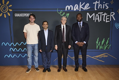 Caption: (L to R) Martin Blomberg, Founder and CEO, Root Bio, Prof. Ganesh Ramakrishnan, Founding Director, Bharatgen, Bill Gates, Chair, Gates Foundation, and Hon. Dr. Bosun Tijani, Minister of Communications, Innovation and Digital Economy of the Federal Republic of Nigeria at Goalkeepers New York. Photo courtesy of the Gates Foundation.
Caption: (L to R) Martin Blomberg, Founder and CEO, Root Bio, Prof. Ganesh Ramakrishnan, Founding Director, Bharatgen, Bill Gates, Chair, Gates Foundation, and Hon. Dr. Bosun Tijani, Minister of Communications, Innovation and Digital Economy of the Federal Republic of Nigeria at Goalkeepers New York. Photo courtesy of the Gates Foundation.