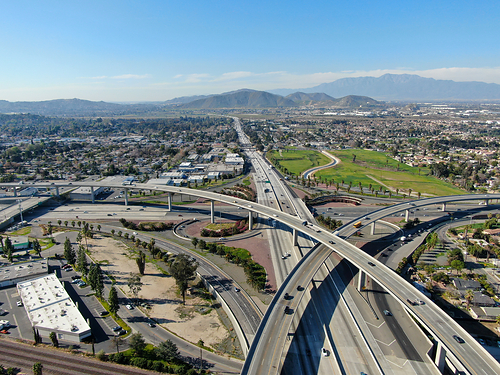 Aerial view of highway interchange and junction in Riverside, California