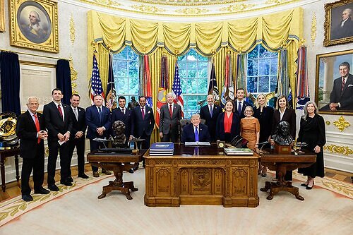 Donald J. Trump, President of the United States of America; Ravi Ruia, Vice Chairman & Founder, Essar Group; Rewant Ruia, Chairman, Mesabi Metallics; U.S. Commerce Secretary Howard Lutnick; U.S. Energy Secretary Chris Wright; and John Jovanovic, Chairman, U.S. Export-Import Bank. This image opens in the lightbox