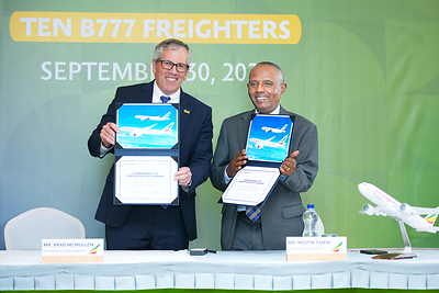Brad McMullen, Boeing Senior Vice President of Commercial Sales and Marketing, and Mesfin Tasew, Group CEO of Ethiopian Airlines, announced the African carrier has ordered eight 777-8 Freighters and two 777 Freighters. Brad McMullen, Boeing Senior Vice President of Commercial Sales and Marketing, and Mesfin Tasew, Group CEO of Ethiopian Airlines, announced the African carrier has ordered eight 777-8 Freighters and two 777 Freighters.