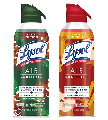 Lysol Air Sanitizer Apple Cinnamon and Winter Woods scents kill 99.9% of odor-causing bacteria in the air, when used as directed.