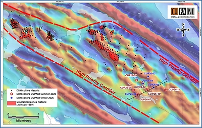 Figure 1: 2026 DDH with historic mineralised zones over MAG vertical gradient from the 2011 VTEM survey.