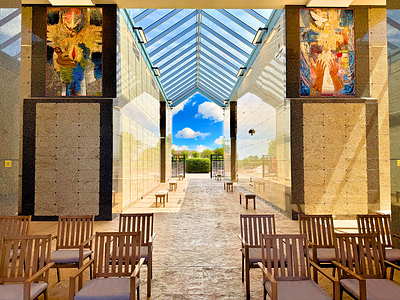 The new Open-Air Mausoleum of the Holy Spirit features fully covered, protected resting areas, bright, beautiful skylights, and colorful liturgical artwork.