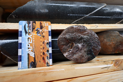 Photo 4: DH26CC-003, 116.3–118.8 m, calcite veinlet in dacite logged with covellite, cuprite, chrysocolla and native copper. Visual observations only; assays pending.