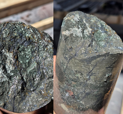 Photo 3: DH26CC-002, 313.8 m, broken core face (two views): chlorite-altered volcanic rock cut by fine dark metallic veinlets logged as chalcocite. Selected specimen; visual observation only, not representative of grade; assays pending.