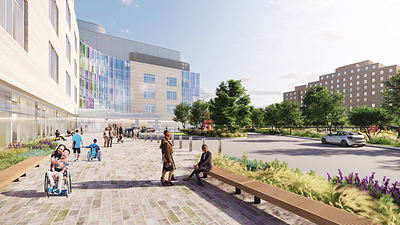 Exterior rendering of the Hale Family Building drop off on the Boston Children's Hospital Brighton Campus