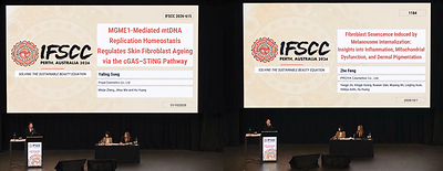 （left）Song Yaling delivered a podium presentation on mitochondrial anti-aging research at 2026 IFSCC Congress;（right）Feng Zhe delivered a podium presentation on mitochondria-related skin-whitening research at the 2026 IFSCC Congress