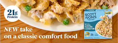 Packed with 21g of protein, Scott & Jon’s NEW Homestyle Tuna Noodle Casserole delivers delicious comfort-food flavor in just four minutes.
