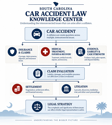 The South Carolina Car Accident Law Knowledge Center from Christmas Injury Lawyers organizes information about interconnected issues that can arise after a collision, including insurance claims, medical treatment, evidence, liability, settlements, litigation and legal strategy.
